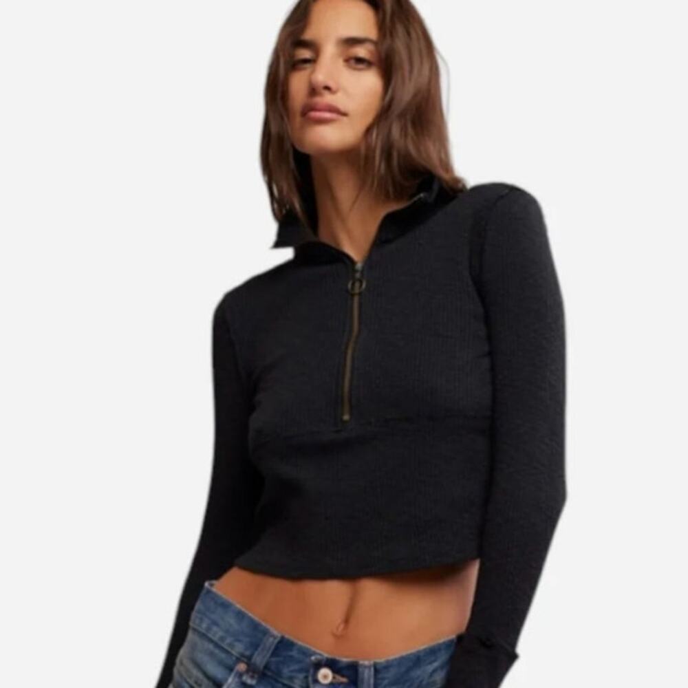 Free People 1/2 Zip Cropped Sweater Midnight Charcoal Gray Size Medium NWOT